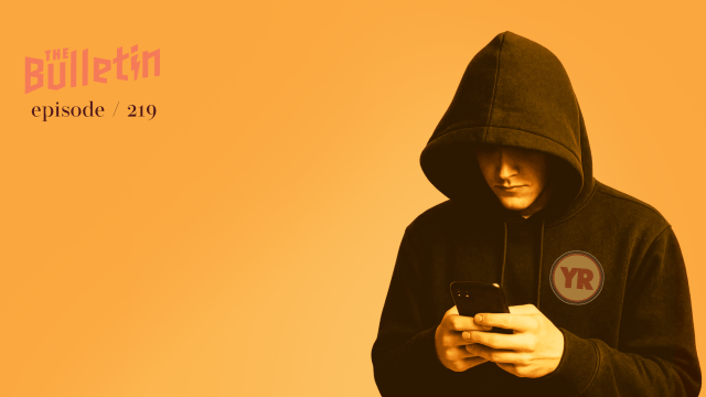 An image of a young man wearing a hoodie with "YR" on it and texting.