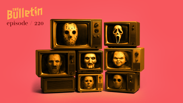 Seven tvs all showing faces of different figures from horror movies, such as the scream.