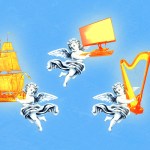 Angels holding a ship, a computer, and a harp.