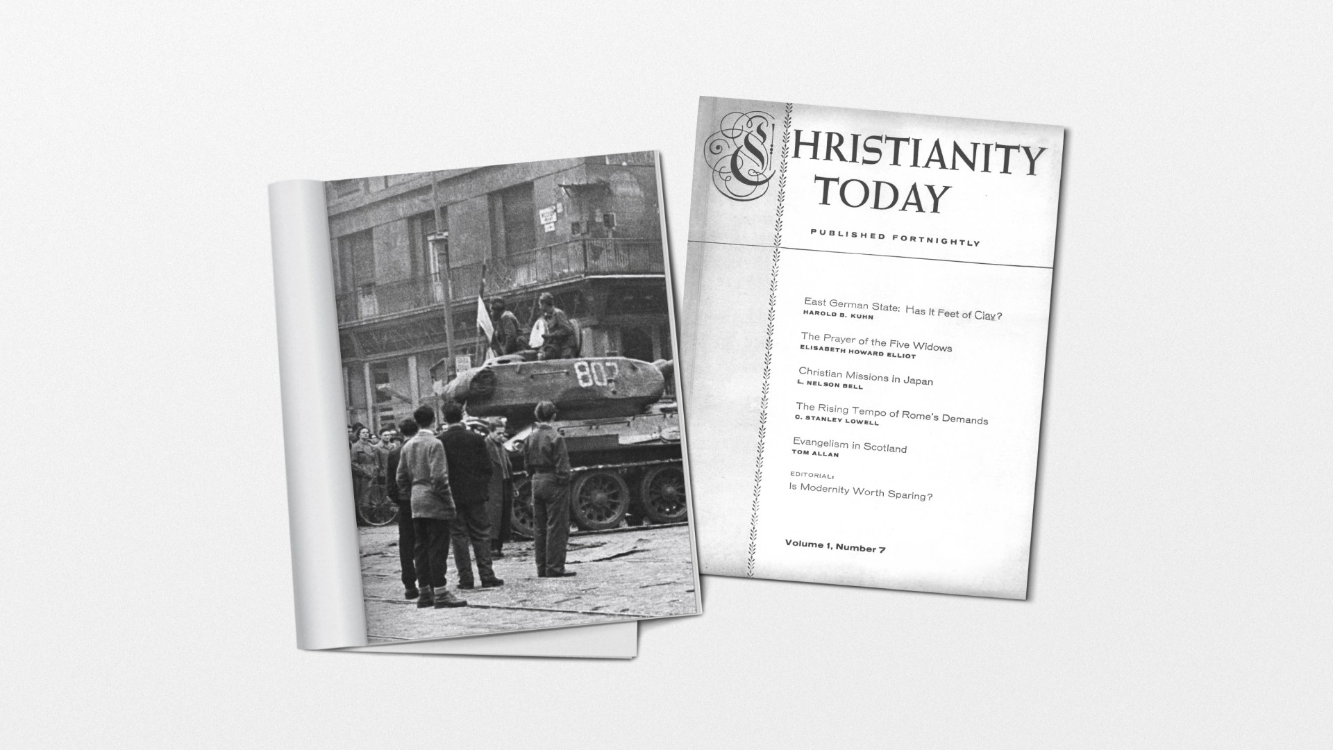 A 1957 Christianity Today magazine and a photo of a captured Soviet tank in Hungary.
