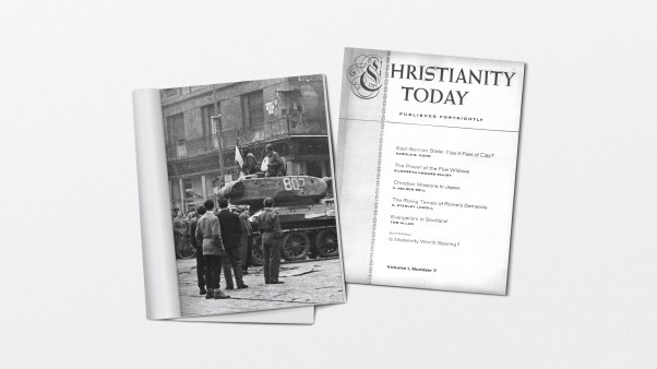 A 1957 Christianity Today magazine and a photo of a captured Soviet tank in Hungary.