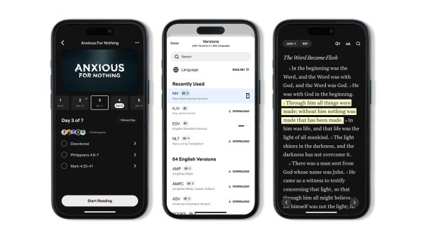Three phone screens showing the Bible.