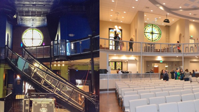On the left: Altar Bar in Pittsburgh, which was formerly St. Elizabeth Catholic Parish. On the right: Altar Bar after being renovated into a campus of Orchard Hill Church.