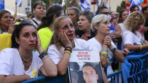 People waiting for the release of Israeli hostages at Hostage Square in Tel Aviv on October 13, 2025.