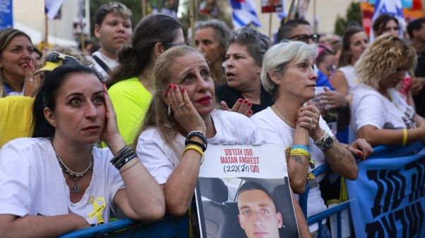 People waiting for the release of Israeli hostages at Hostage Square in Tel Aviv on October 13, 2025.