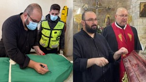 Shiite shaykh Rabih Koubayssi caring for both Muslim and Christian dead in Tyre, Lebanon.