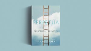 The book cover on a blue background.