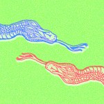 Blue and red snakes hissing at each other.