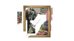 A digital collage showing government soldiers, the American flag, and fragments of a painting.