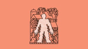 A man fully embraced by nature, houses, and churches.