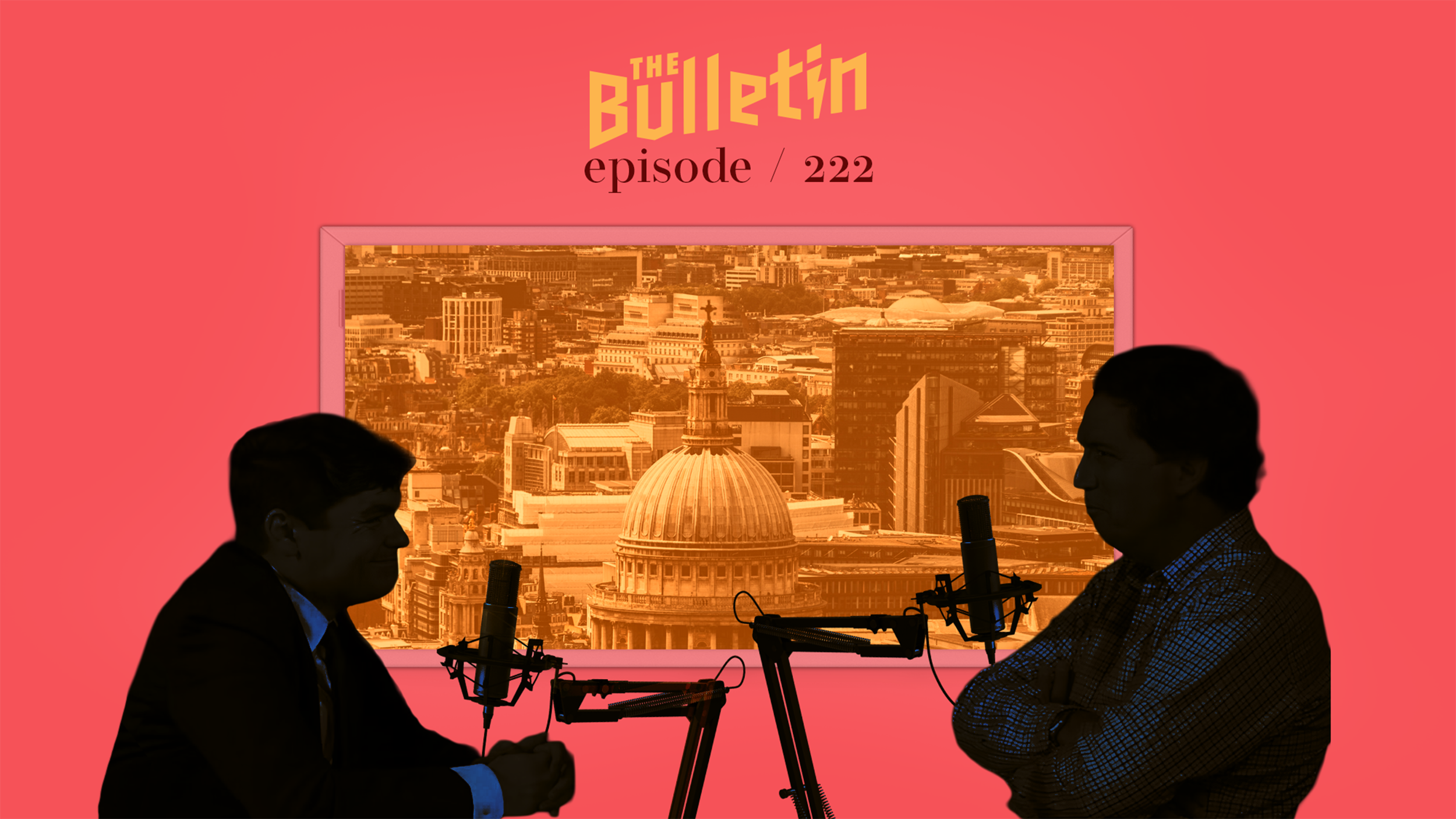 Silhouette of Tucker Carlson and Nick Fuentes speaking into microphones, in front of a backdrop of a faded, European-looking city.