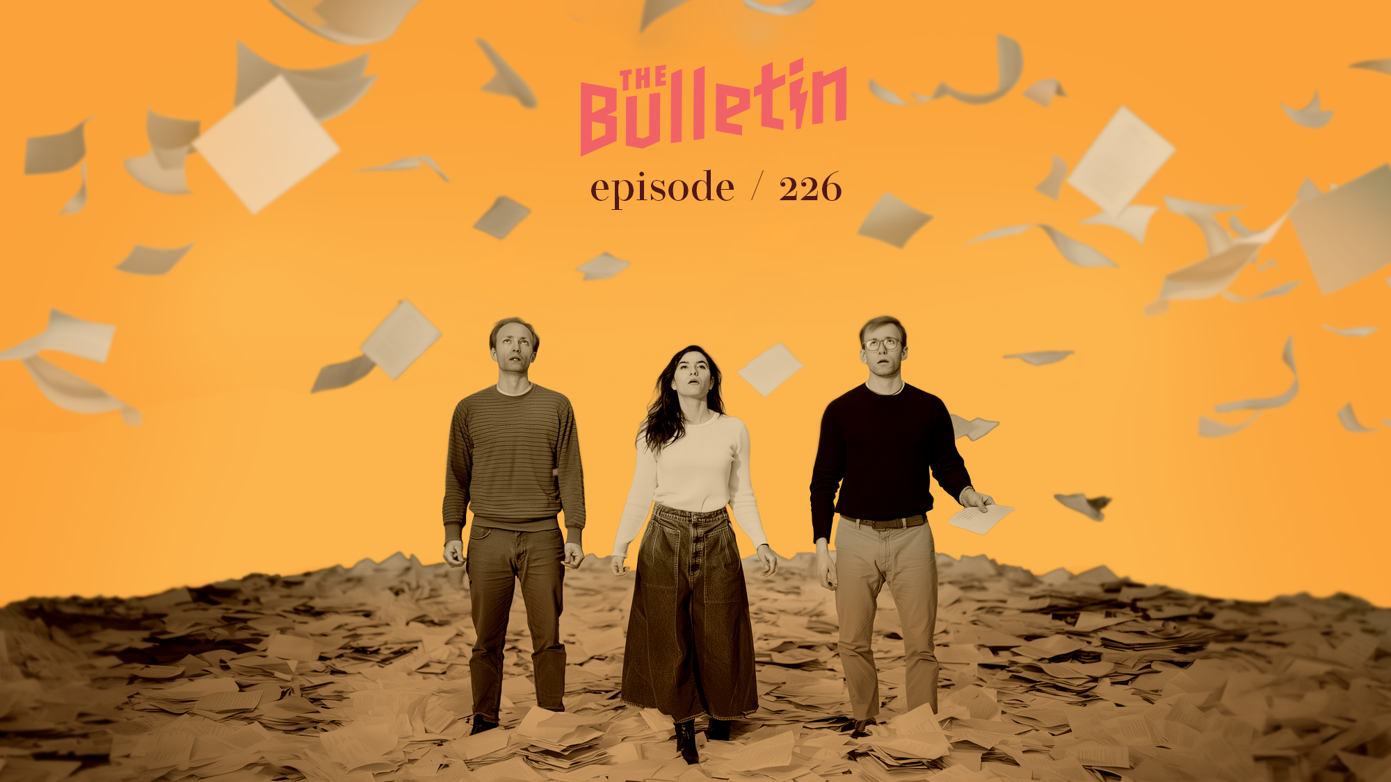 Three adults looking up, overwhelmed at many documents falling from the sky.