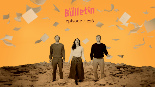 Three adults looking up, overwhelmed at many documents falling from the sky.