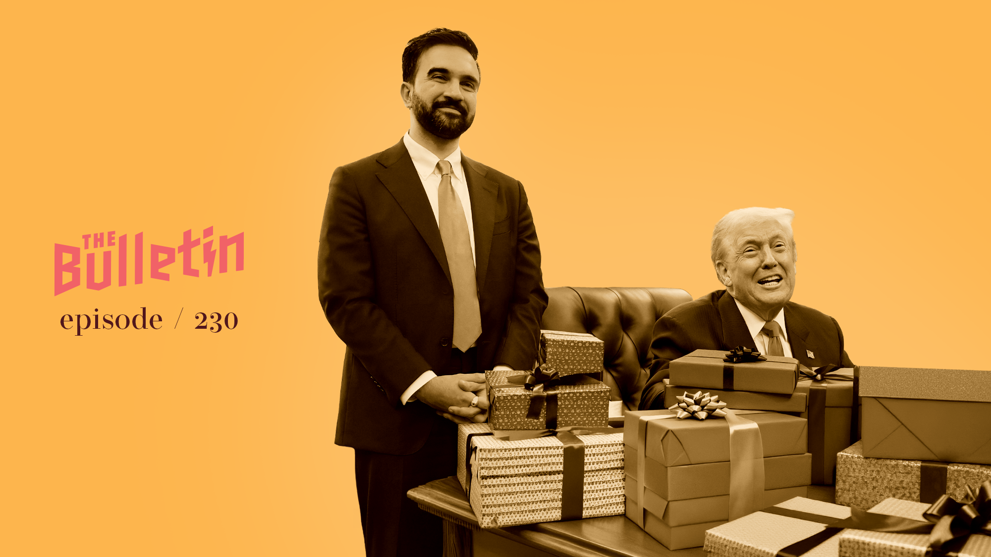 Image of Donald Trump sitting down next to a standing Zohran Mamdani. Illustrated gifts in front of them.