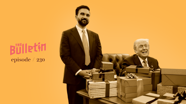 Image of Donald Trump sitting down next to a standing Zohran Mamdani. Illustrated gifts in front of them.