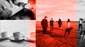 A group of friends walking side by side, a bible study meeting, coffee cups