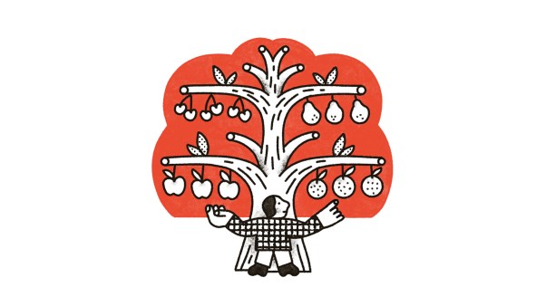 Illustration of a man standing in front of a fruit tree with different kinds of fruit