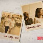 Two polaroid photos, one with a young couple walking on a city street. In the other photo the same couple is older and sitting together.