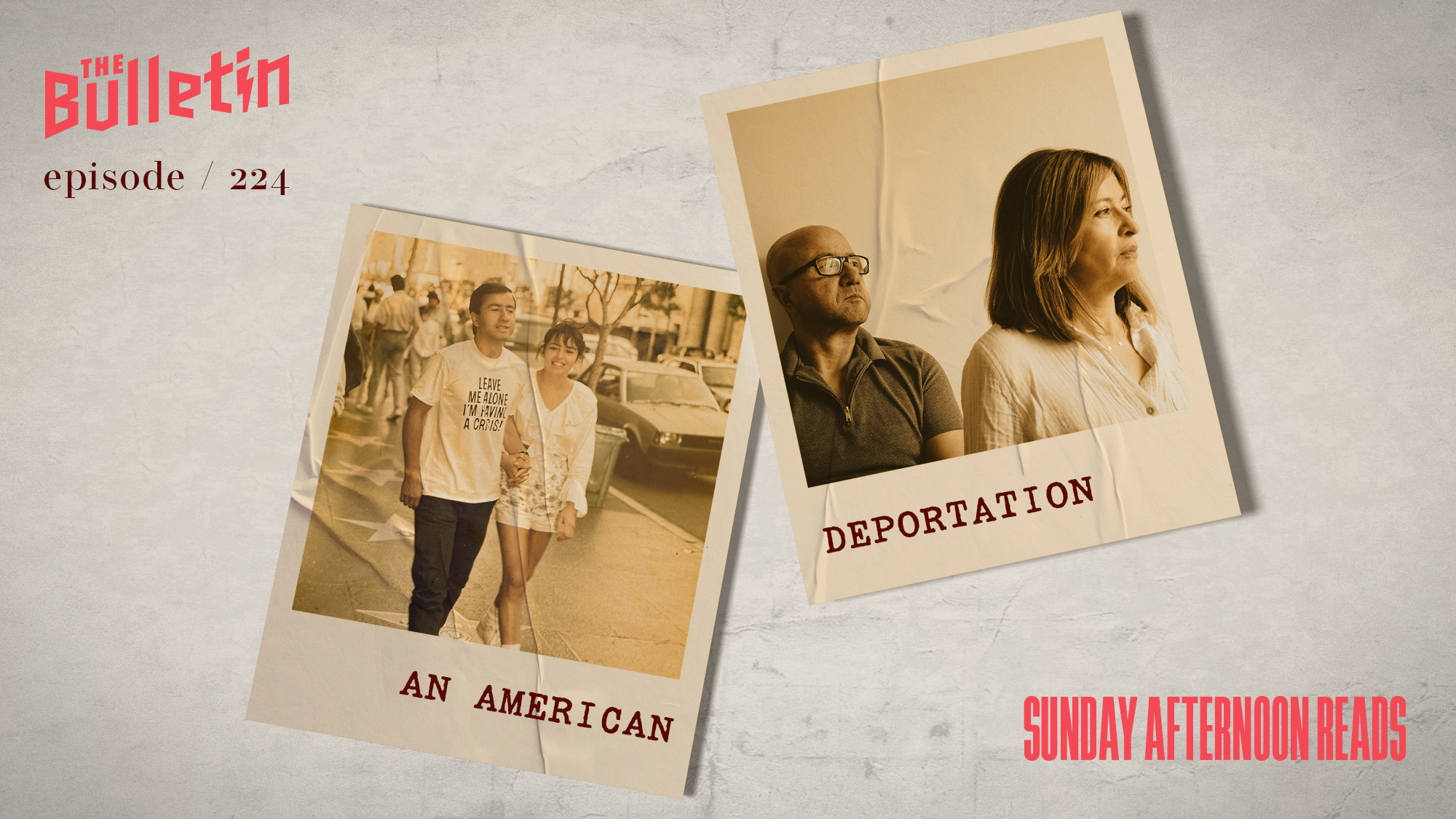Two polaroid photos, one with a young couple walking on a city street. In the other photo the same couple is older and sitting together.