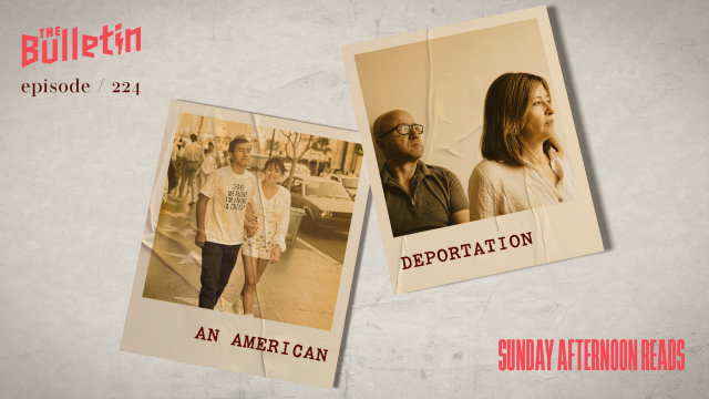 Two polaroid photos, one with a young couple walking on a city street. In the other photo the same couple is older and sitting together.