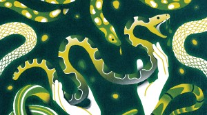 Hands attempting to master a tangle of serpents.