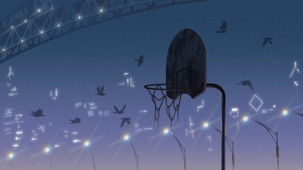An illustration showing the silhouette of a basketball hoop against a sky filled with flying birds.