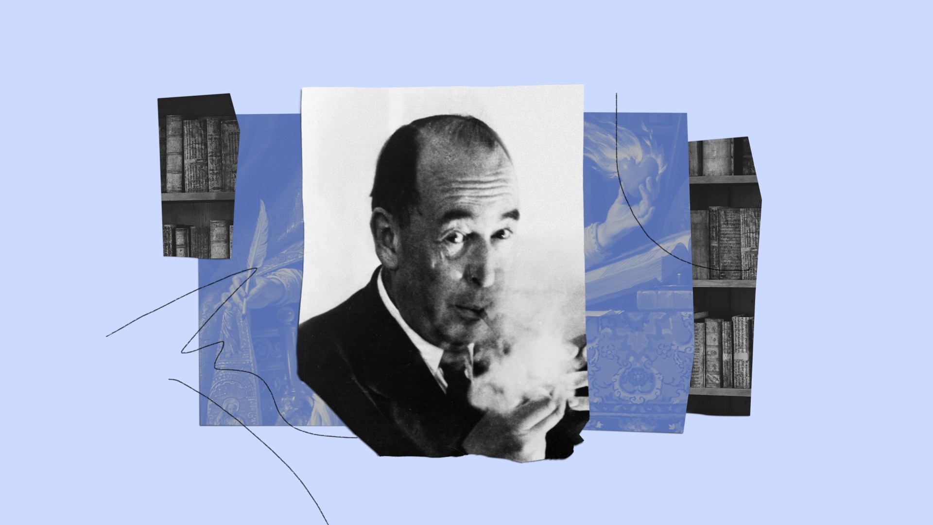 A collage of CS Lewis, Augustine, and books.