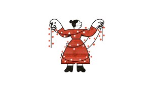 A woman trying to untangle Christmas lights.