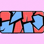 A phone with a screen in cracked pieces of red and blue.