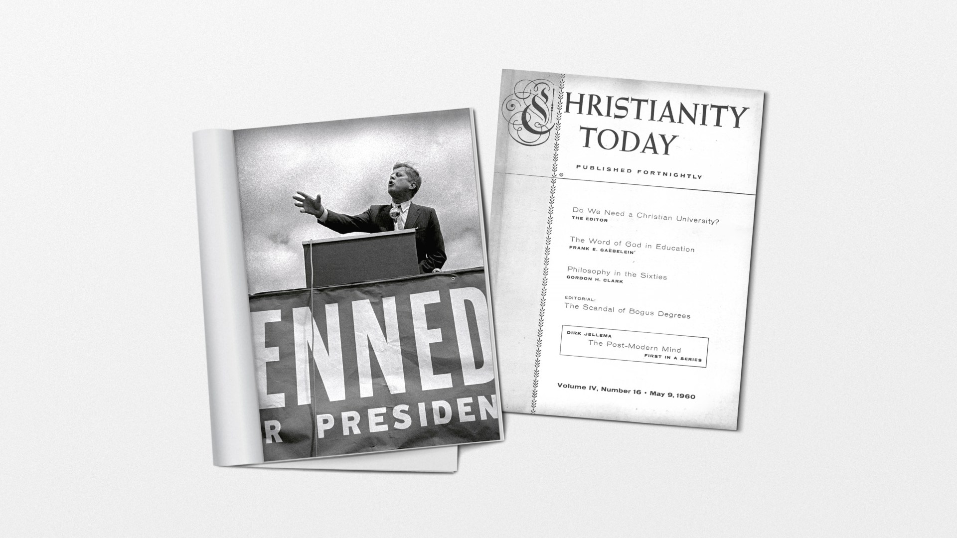 An image of JFK and a 1960 cover of CT Magazine.