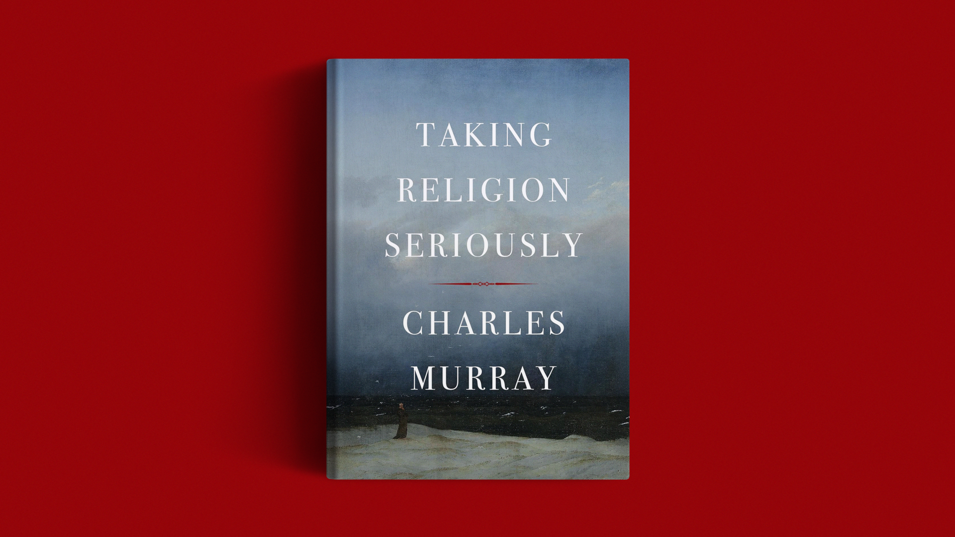 The book cover on a red background.