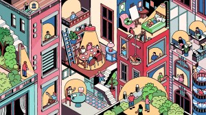 An illustration portraying human connection and contrast amid the layered rhythms of the city.