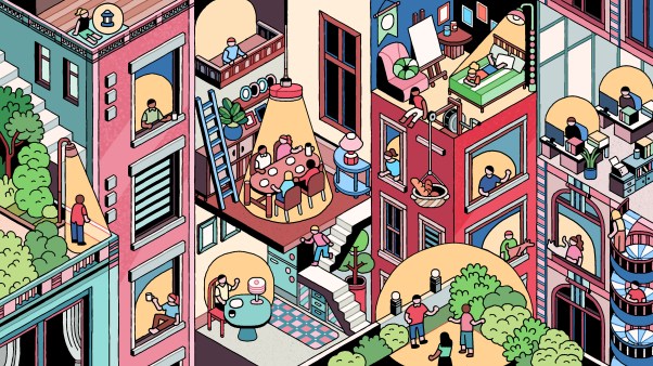 An illustration portraying human connection and contrast amid the layered rhythms of the city.