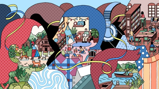 An illustration weaving together scenes of rural life, urban settings, and domestic moments.