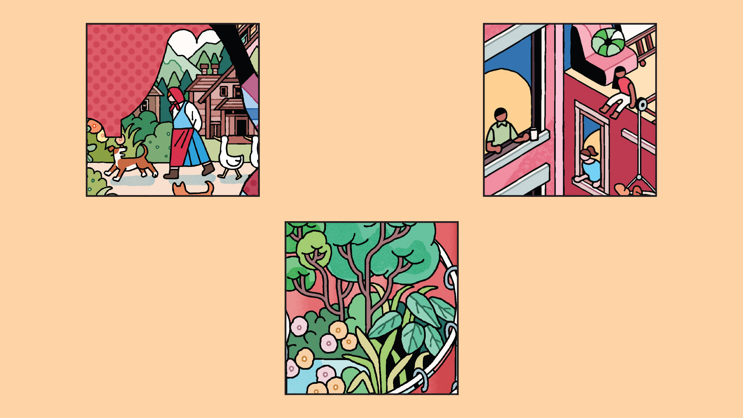 A small composition of three illustrations, each representing a different culture.