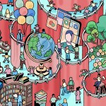 Illustrations showing diverse groups of people separated by a large curtain.