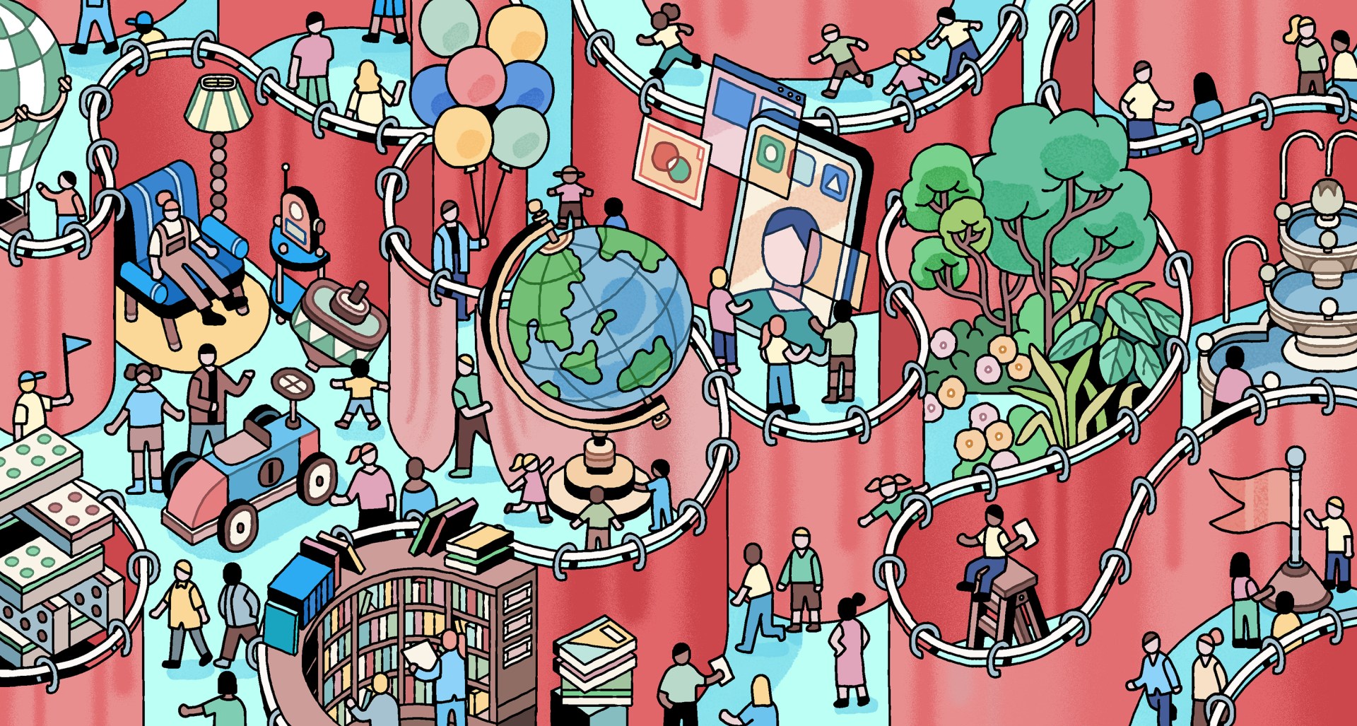 Illustrations showing diverse groups of people separated by a large curtain.