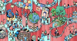 Illustrations showing diverse groups of people separated by a large curtain.