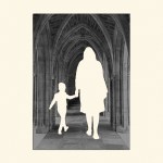 A mom and child shape cut out of a photo of a church.