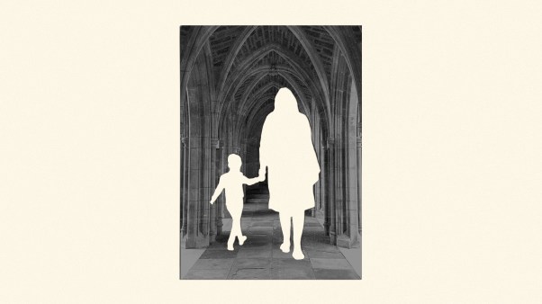 A mom and child shape cut out of a photo of a church.
