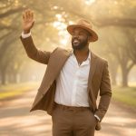 An AI-generated man walks down a road arched with trees wearing a tan suit and hat and waving to the side.