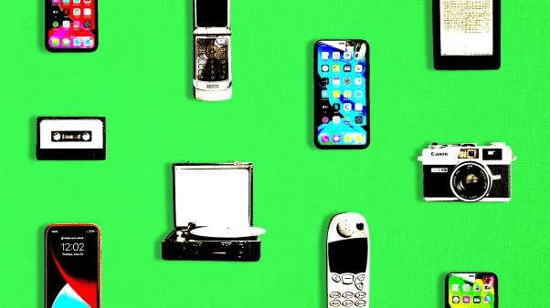 Several smart phones and analog devices.