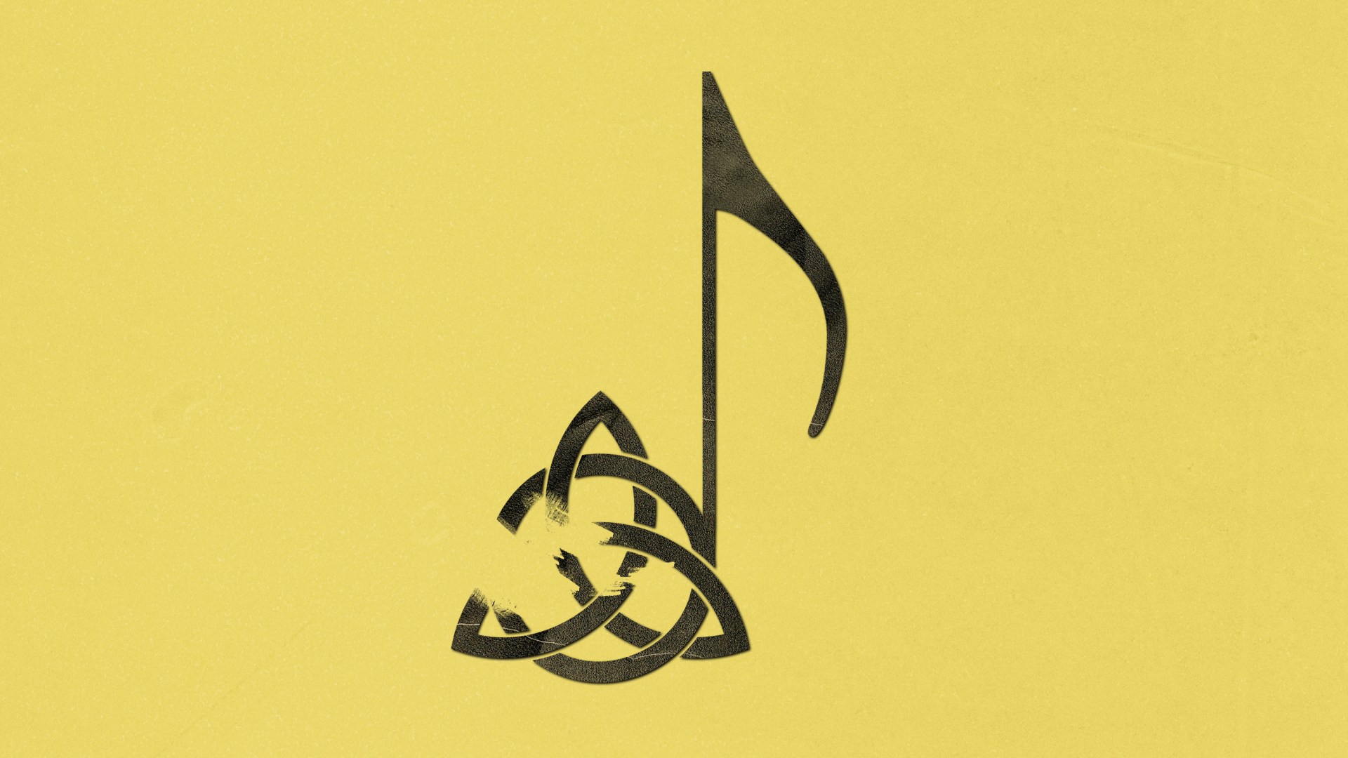 A music note and a smudged symbol of the Holy Trinity.