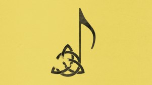 A music note and a smudged symbol of the Holy Trinity.
