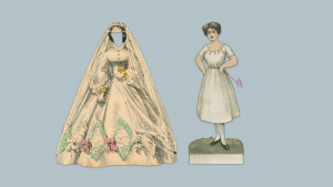 A paper doll wedding dress with different colors on it.