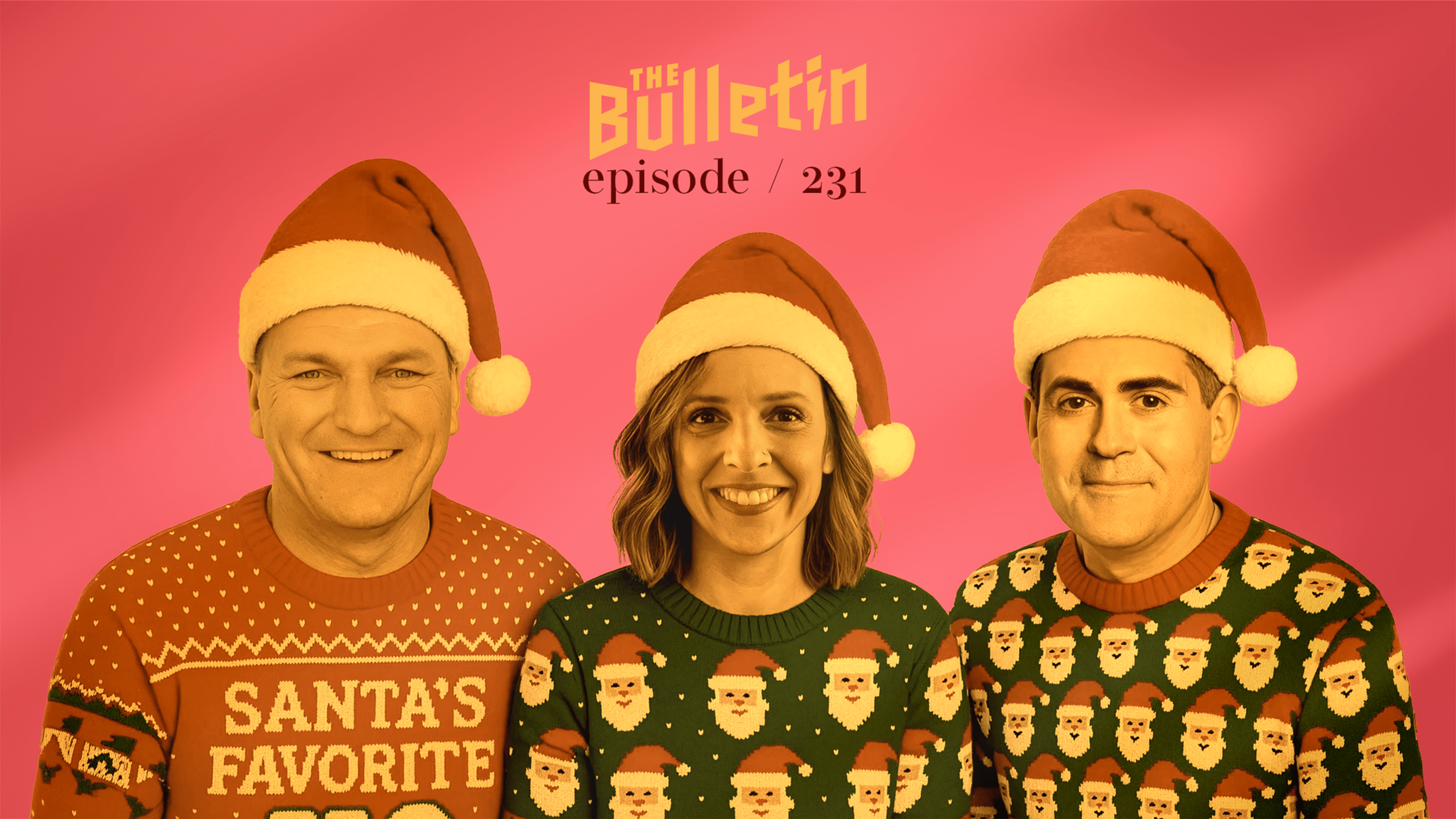 Steve Cuss, Clarissa Moll, and Russell Moore dressed in Santa hats and ugly Christmas sweaters.