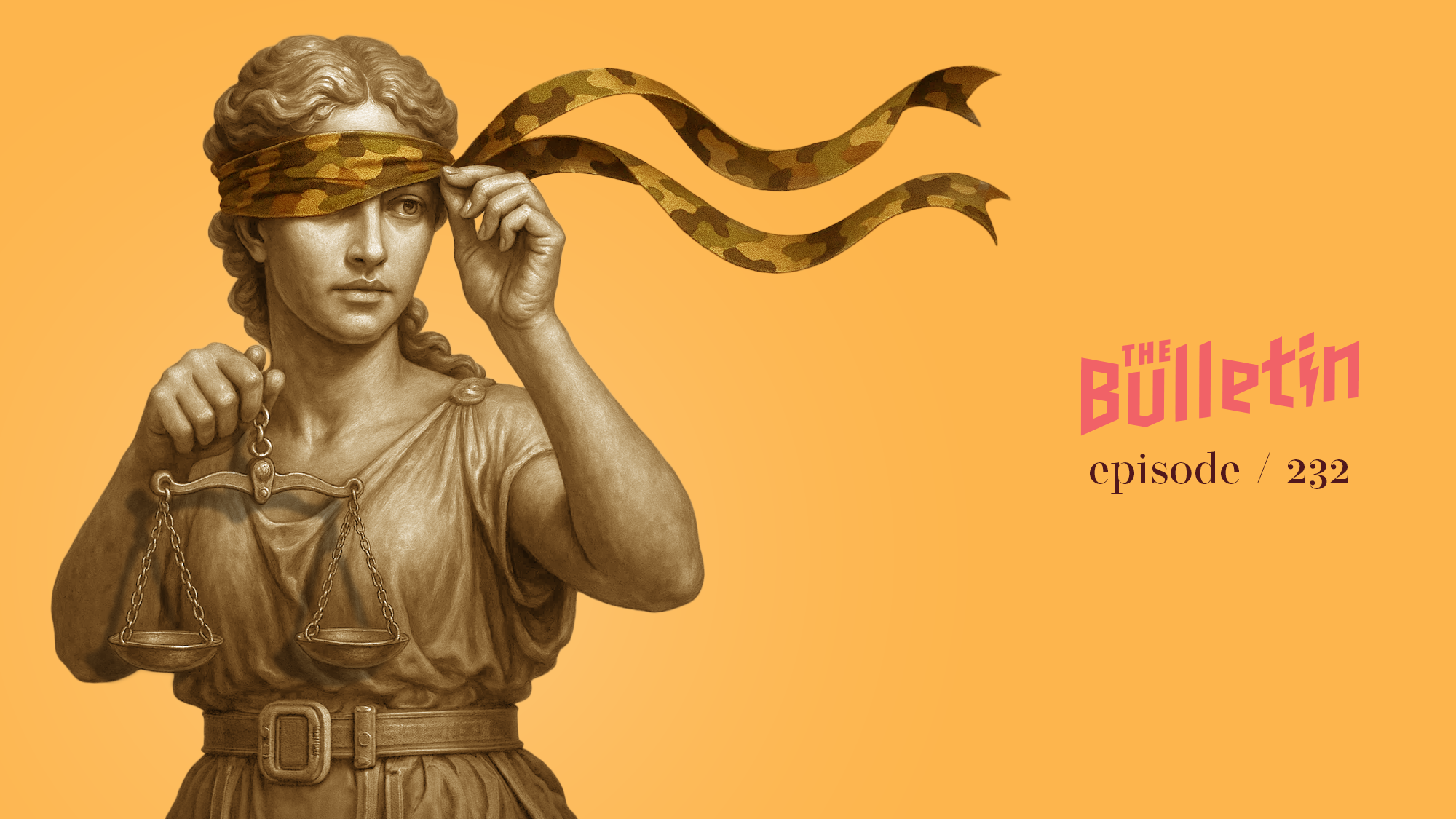 Illustration of Lady Justice peaking out from an army-pattern blindfold.