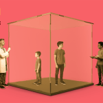 There's a kid and a teenager isolated in a glass cube. Outside, there's a doctor looking at the kid, holding a syringe, like he was was ready to complete his task, but got stopped. On the side of the teenager are other teenagers, showing him their phones.