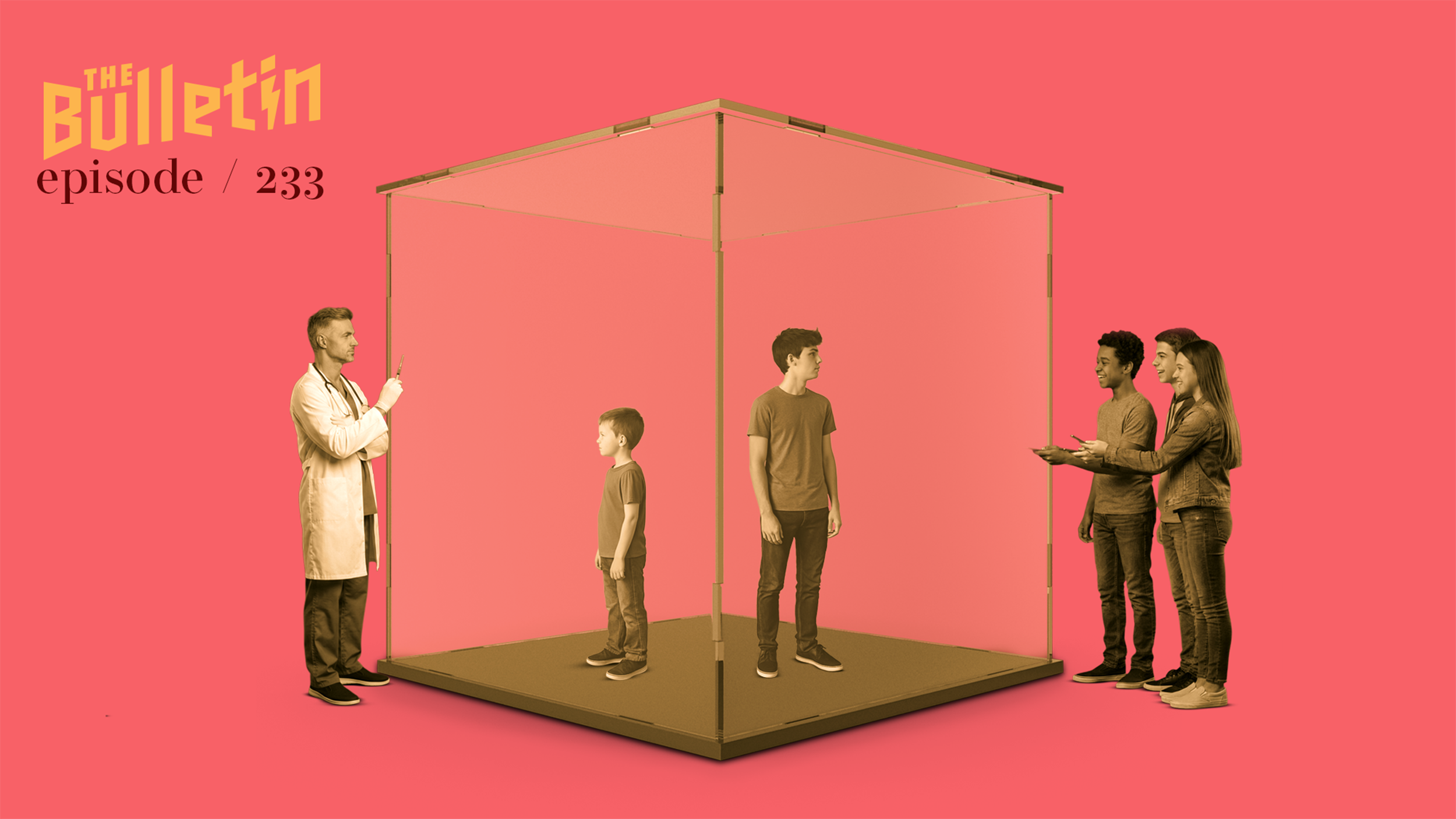There's a kid and a teenager isolated in a glass cube. Outside, there's a doctor looking at the kid, holding a syringe, like he was was ready to complete his task, but got stopped. On the side of the teenager are other teenagers, showing him their phones.