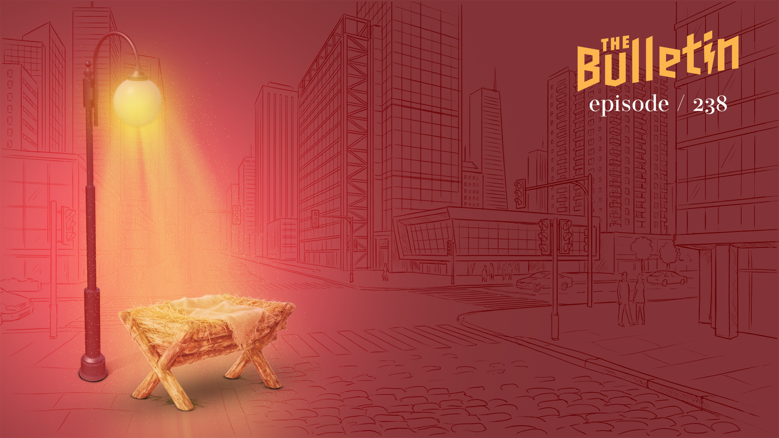 Illustration of a wood basinet from a manger on a city street, under a street light.